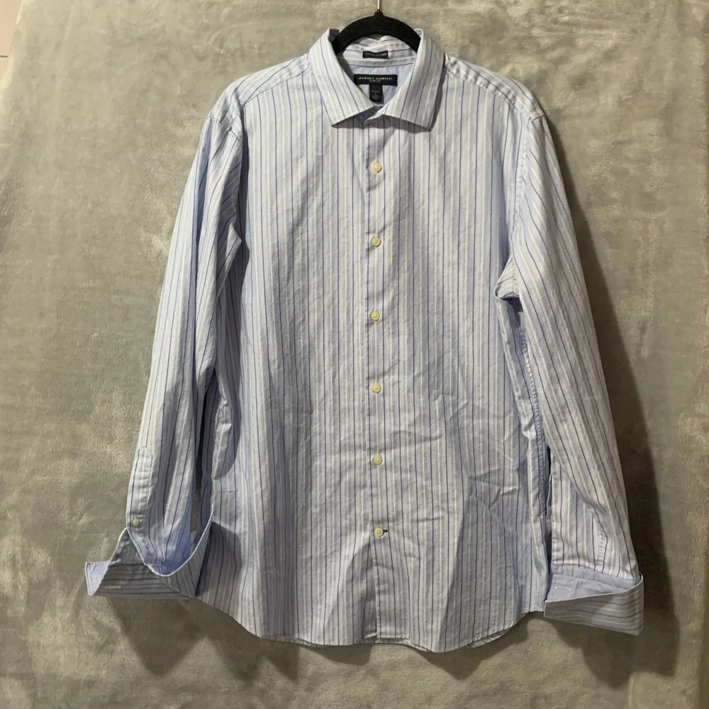 Banana Republic Mens Slim Fit Dress Shirt‎ 16-16.5 L Blue Stripe French Cuffs
